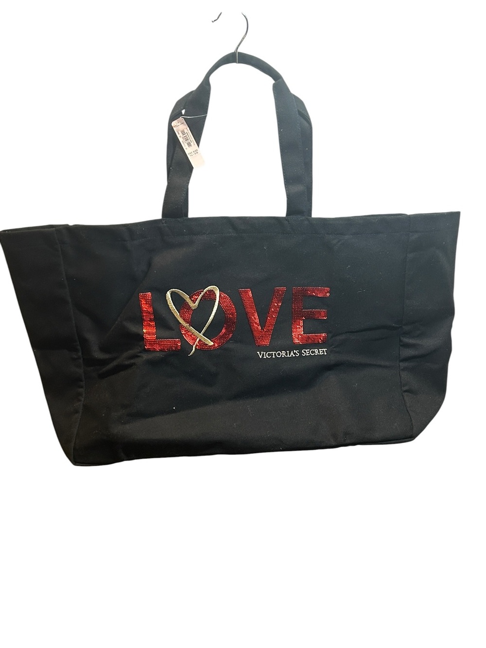 Victoria’s Secret LOVE Black Canvas Tote Bag Red Sequin Logo Large Beach Travel
